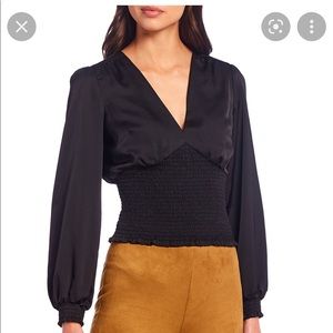 BNWT Size L Gianni Bini Abby V-Neck Balloon sleeve Smocked Cropped Blouse